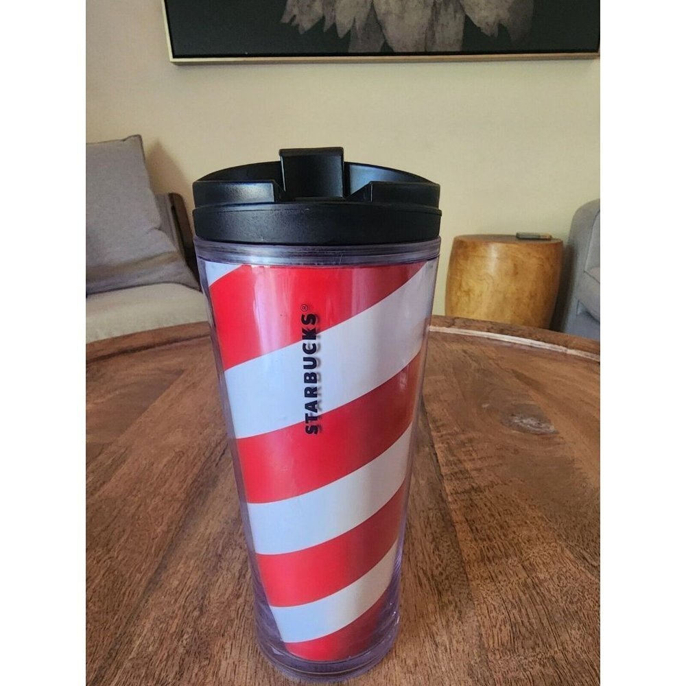 2009 Starbucks Red & White Candy Cane Striped Christmas Tumbler Mug 12oz